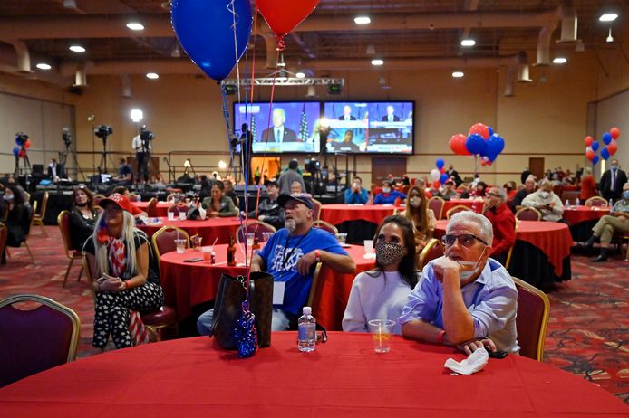 Trump-aanhangers volgen de verkiezingen op een bijeenkomst van de Republikeinen in Las Vegas (Nevada).