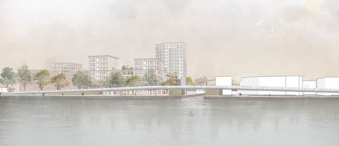 De 50 meter hoge woontoren zou bij de Sint-Pieterskaai aan de kant van het water komen.