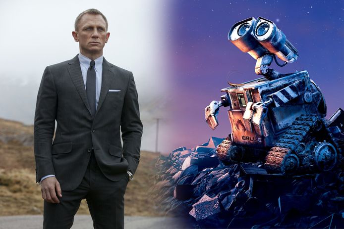 Daniel Craig als James Bond en het robotje WALL-E uit de gelijknamige Pixarfilm.