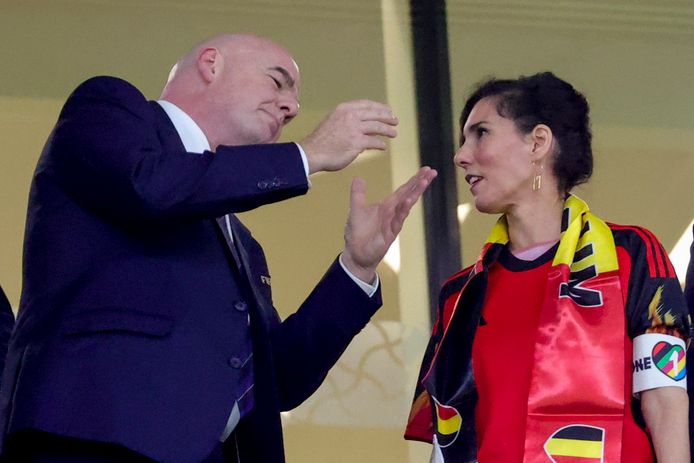 Belgian minister Hadja Lahbib with FIFA president Gianni Infantino.