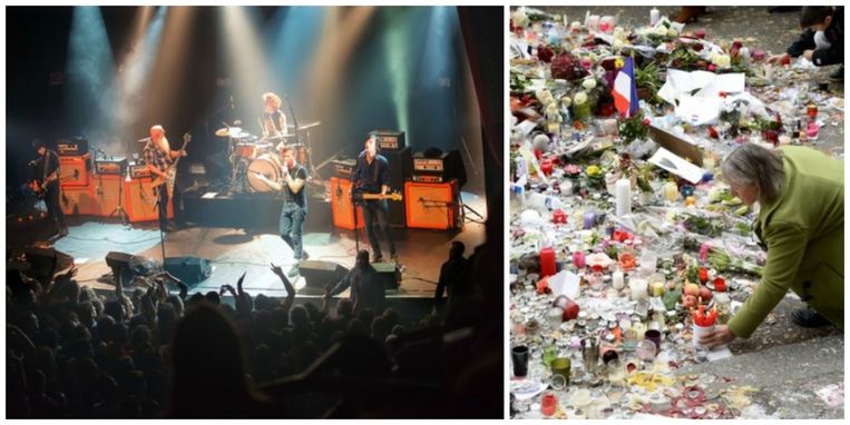 Links: Eagles of Death Metal op vrijdag 13/11 in de Parijse Bataclan, enkele minuten voor de aanslag. Rechts: een bloemenzee aan de Bataclan. Beeld AFP