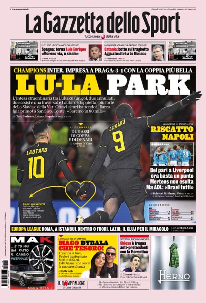 De roze Italiaanse sportkrant hemelt het spitsenduo Lukaku-Lautaro op: ‘Lu-La’
