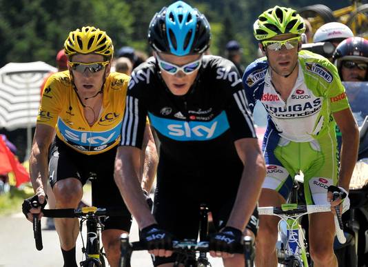 De drie laatste Tourwinnaars, hier tijdens de Tour van 2012: Wiggins (l), Froome (m) en Nibali.