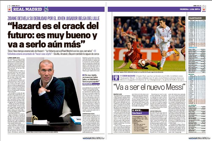 Spaanse sportkrant Marca van donderdag 01/04/2010 . Interview met Zidane die Hazard de nieuwe Messi noemt.