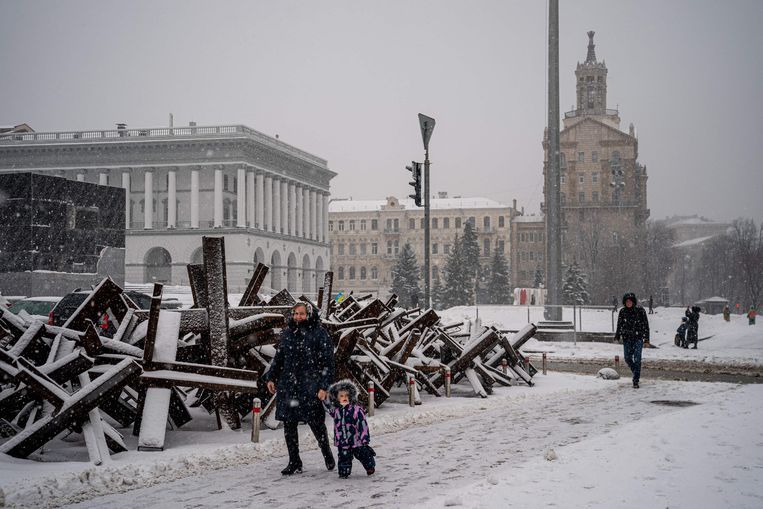 Kievenaren lopen langs Tsjechische egels op een besneeuwde decemberdag. Van De Velde: ‘En dan moet de winter nog beginnen. Januari en februari zijn hier de koudste maanden.’ Beeld AFP