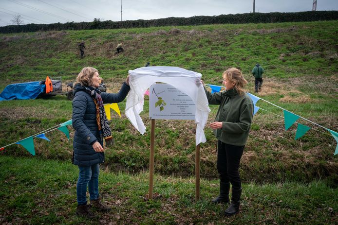 Trudie Theunissen (rechts) en Esther Vossebeld onthullen het bedankbord langs de Hoogsestraat terwijl op het talud wordt begonnen met het planten van een ‘groen gordijn’.