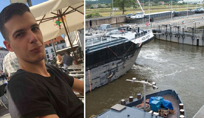 Schipper Brandon Camblain (25) overleed toen hij zijn hondje wilde redden uit het water. Rechts het sluizencomplex van Evergem.