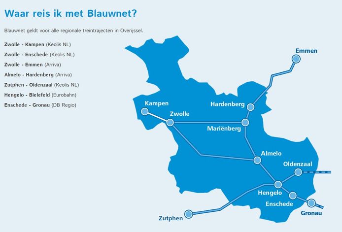 Op deze treintrajecten rijden Arriva en Keolis onder de vlag van het samenwerkingsverband Blauwnet.