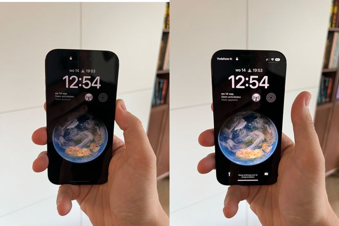 Links een iPhone 14 Pro die 'uit' staat, rechts staat hij aan.
