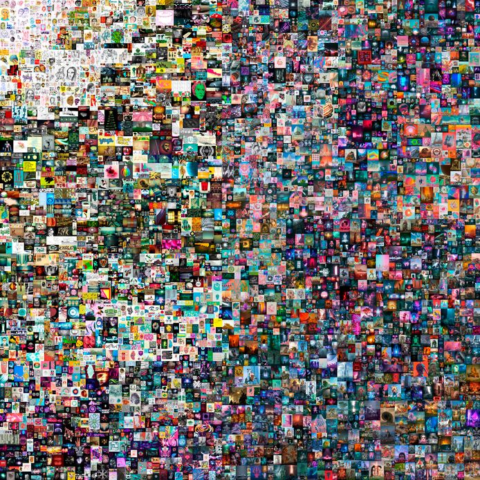 Een digitale collage van Beeple die 50 miljoen euro opleverde op een veiling van Christie’s.