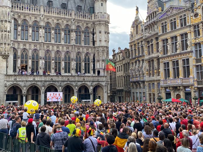 De verzamelde fans op de Grote Markt in Brussel.