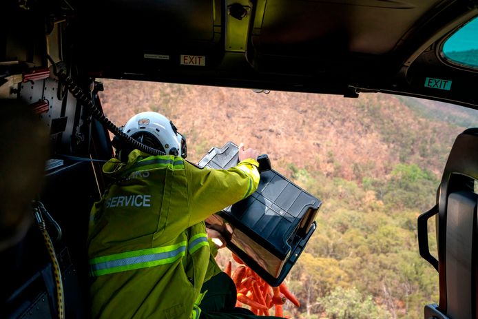 NSW National Parks and Wildlife services gooien wortels en zoete aardappelen uit een helikopter om het wildlife eten te geven na de verwoestende bosbranden.