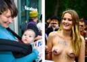 A gauche: des mères protestant sur Facebook. À droite: le mouvement Free The Nipple