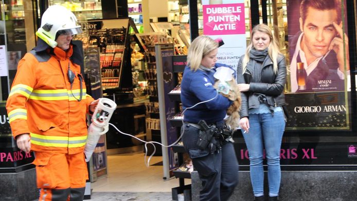 Een brandweerman en politieagente bekommeren zich om het hondje van de eigenaars.