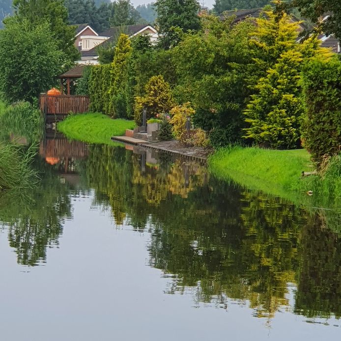 Bij zware regenval stijgt het water achter woningen aan de Prinses Christinastraat in Fijnaart tot boven de beschoeiing.