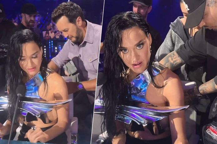 Katy Perry had behoorlijk wat moeite met haar outfit in de nieuwste aflevering van 'American Idol'.