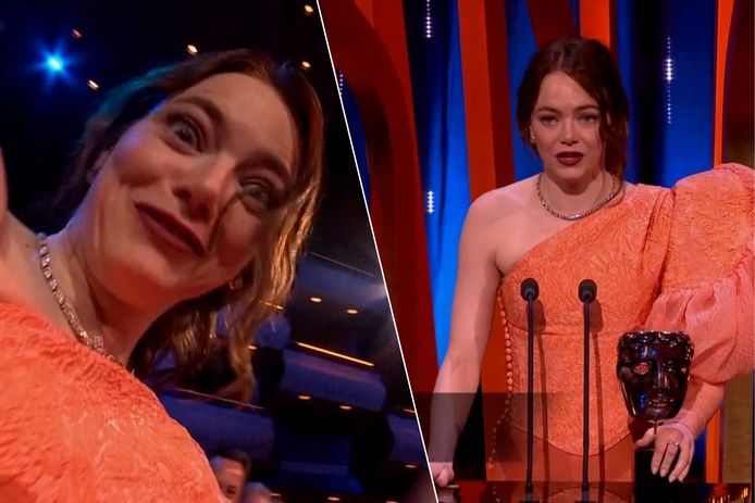 Cameraman filmt meest onelegante hoek van Emma Stone wanneer ze award wint.