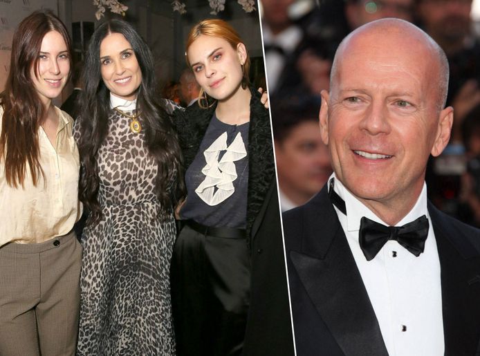 Demi Moore en dochters Scout laRue Willis (L) en Tallulah Willis (R) in  2018 (links) en Bruce Willis in 2012 (rechts).
