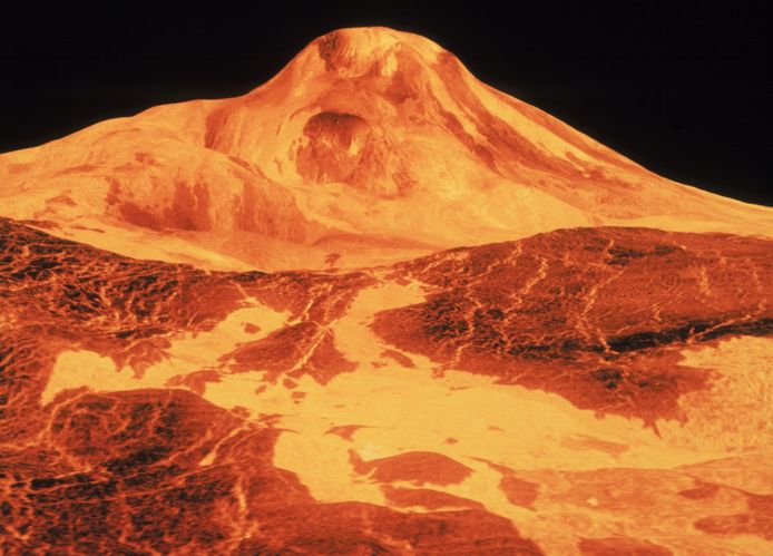 Impressie van de vulkaan Maat Mons op Venus, op basis van radarbeelden van Magellan.