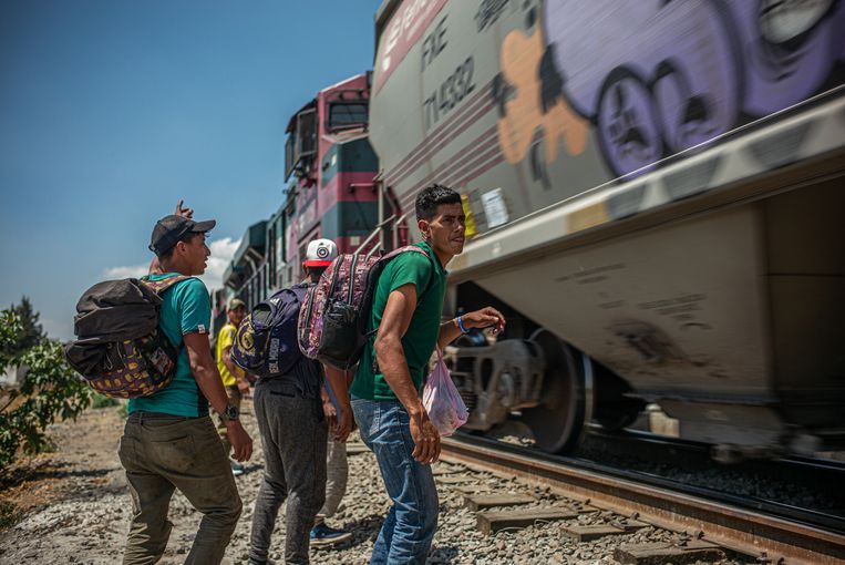 Migranten uit Centraal-Amerika proberen in het Mexicaanse stadje Apizaco op vrachttrein 'Het Beest' te klimmen. Deze poging mislukt, de trein rijdt dit keer te hard. Beeld Alejandro Cegarra