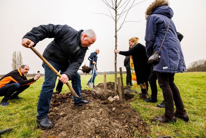 Terwijl Mary Fiers namens het Groen Ontwikkelfonds Brabant de zoete kers in het gebied De Benedictus recht houdt, schept Henk de Kort aarde op de kluit.