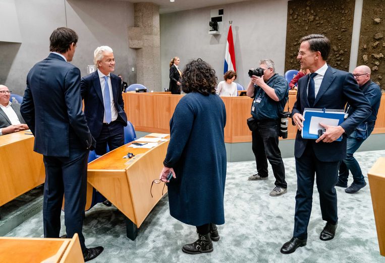 Wopke Hoekstra (CDA), Geert Wilders (PVV), Caroline van der Plas (BBB) en Mark Rutte (VVD) tijdens het debat over het eindverslag van de vastgelopen formatie. Beeld Bart Maat/ANP