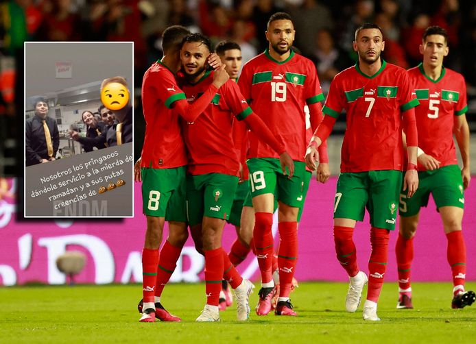 Marokkaanse spelers, onder wie Hakim Ziyech (tweede van rechts), tijdens het oefenduel van zaterdag met Brazilië.