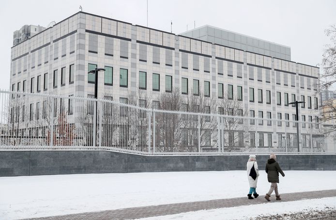 Het gebouw van de Amerikaanse ambassade in Kiev, Oekraïne.