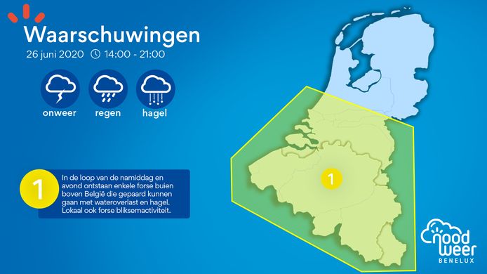 De onweerskansen van vrijdag boven de Benelux in kaart. De level 1-waarschuwing die NoodweerBenelux afkondigt, geldt voor de periode tussen 14 en 22 uur.