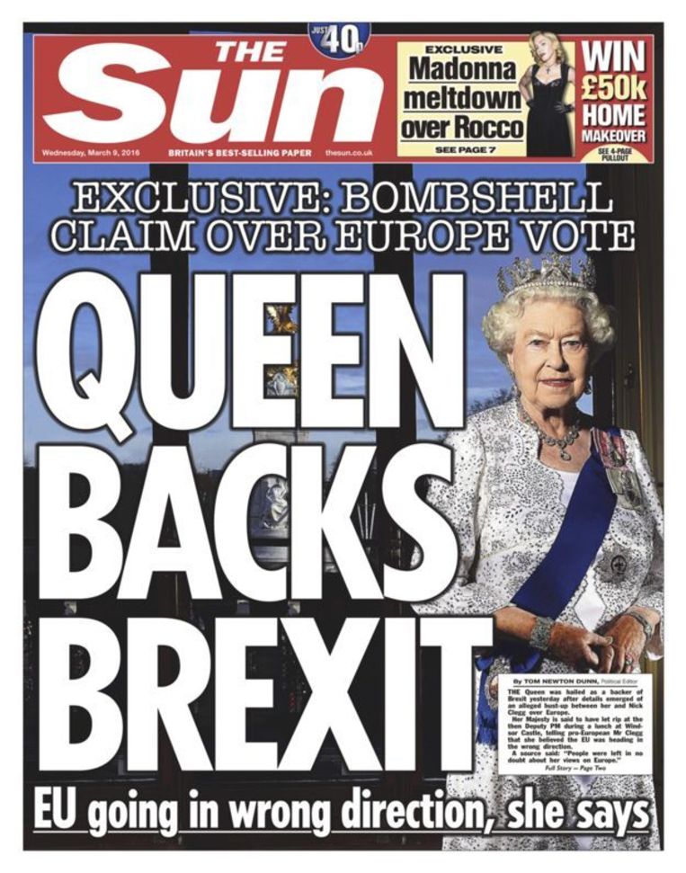Hoewel The Sun met een spectaculaire voorpagina beweerde dat de monarch pro Brexit zou zijn, werd deze claim ontkend door het paleis en politici. Beeld The Sun