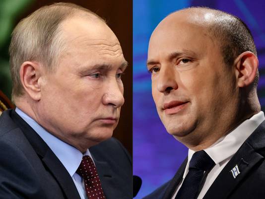 Fotomontage. De Russische president Vladimir Poetin en de Israëlische premier Naftali Bennett.