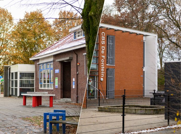 Links: De school aan de Hoofdweg houdt op te bestaan. Rechts: Alle leerlingen van De Fontein komen op termijn in dit pand, dat wordt uitgebreid.