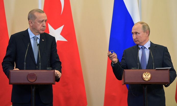 De Russische president Vladimir Putin en de Turkse president Tayyip Erdogan.