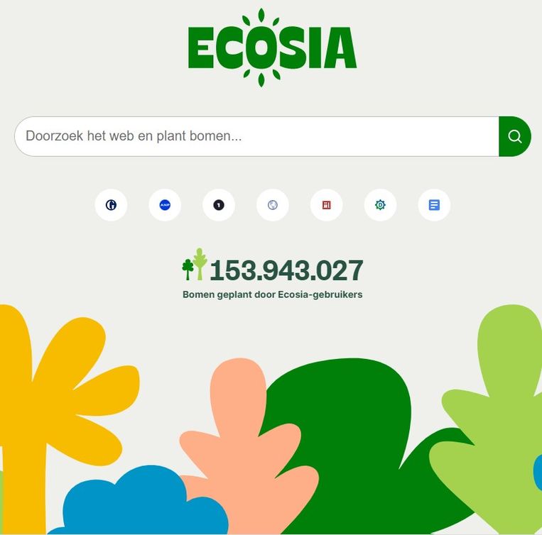 Een screenshot van de thuispagina van de zoekmachine Ecosia, dat zich opwerpt als groen alternatief voor Google. Op de pagina staat het aantal bomen dat inmiddels geplant is. Beeld 