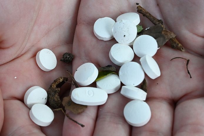 De pillen waarvan er een paar duizend werden gevonden in het groen van de wijk Padbroek in Cuijk.