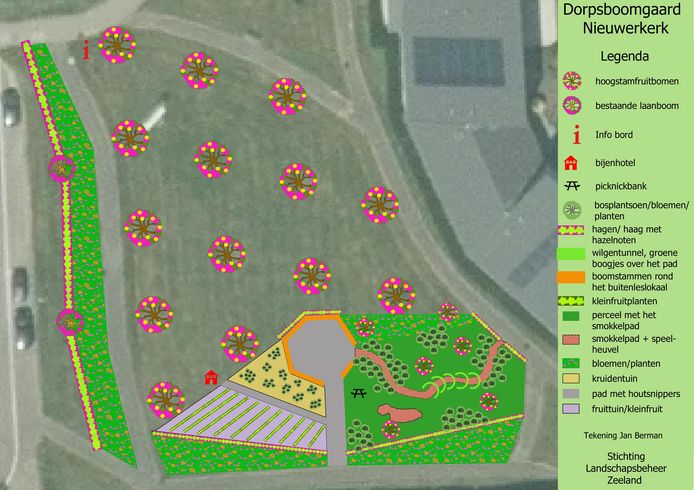 Plattegrond van de dorpsboomgaard in Nieuwerkerk. Er komt onder andere een bijenhotel, een haag van hazelnoten en een bloemperk.