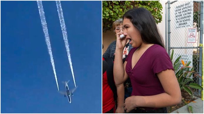 Links: Delta Airlines vlucht 89 dumpt kerosine boven Los Angeles. Rechts: een vrouw heeft last van huid- en of oogirritaties door het contact met de brandstof.