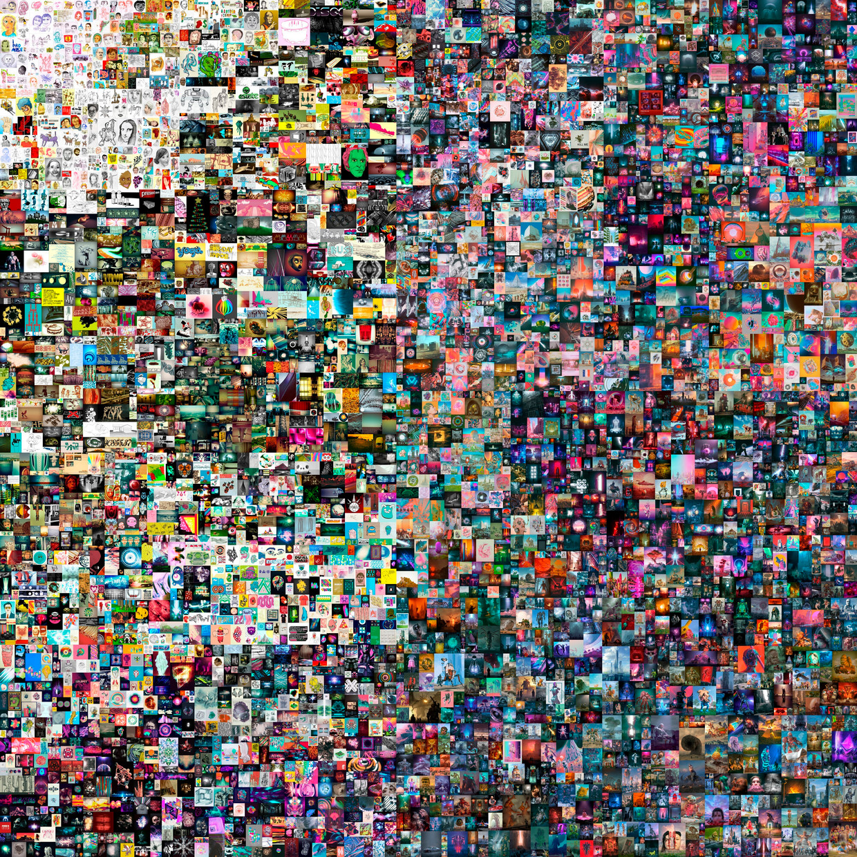 Beeples collage ‘Everydays: The First 5,000 Days’ werd in maart 2021 als NFT geveild bij veilinghuis Christie’s. Het hoogste bod was 50 miljoen euro. Beeld AP
