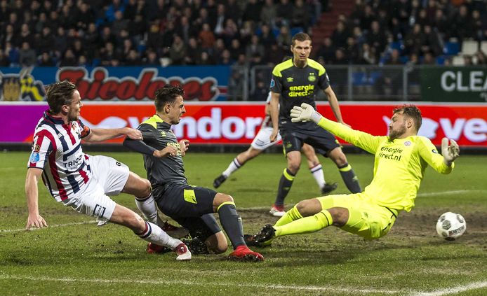 Ben Rienstra zet Willem II op een 1-0 voorsprong tegen PSV op 10 March 2018.  De Tilburgers zouden die dag met 5-0 winnen.