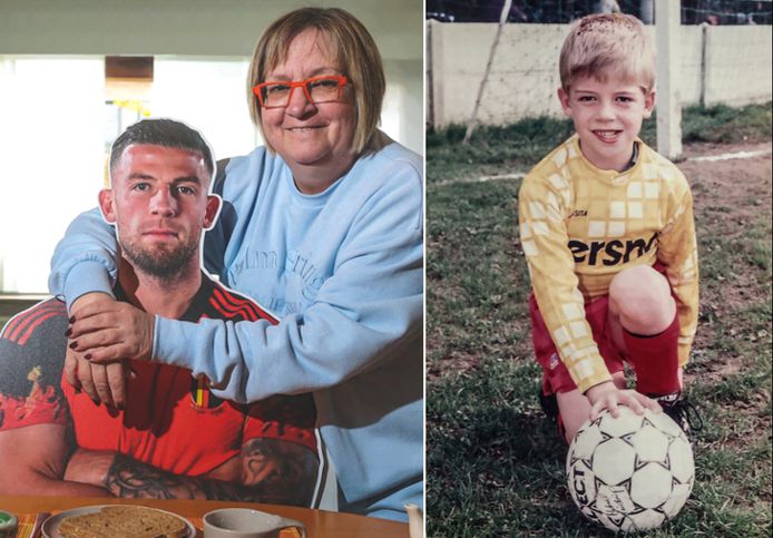 Het lijkt wel alsof Toby Alderweireld hier gewoon thuis bij zijn moeder in Merksem aan tafel zit, maar het is de kartonnen Toby. En rechts een beeld van de 9-jarige Toby bij Germinal Beerschot.