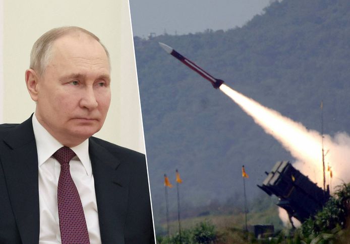 President Vladimir Poetin. Rechts een Patriot-luchtafweersysteem.