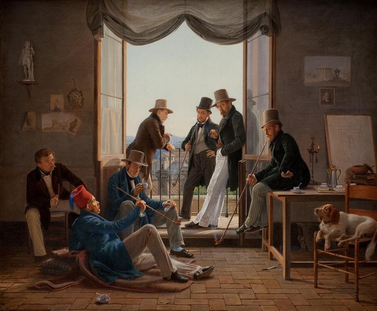 Constantin Hansen - Een groep Deense kunstenaars in Rome. 1837; olieverf op doek; 62 x 74 cm Beeld Statens Museum for Kunst Kopenhagen