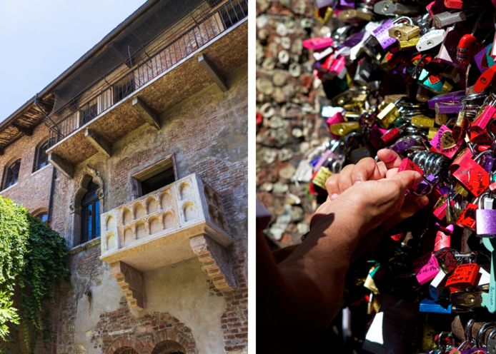 A sinistra: Il balcone di Casa de Giulietta.  A destra: serratura.