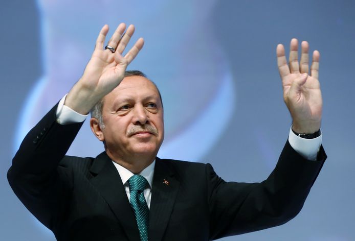Archiefbeeld. De Turkse president Erdogan toont het rabiateken, een symbool van de Egyptische Moslimbroeders.