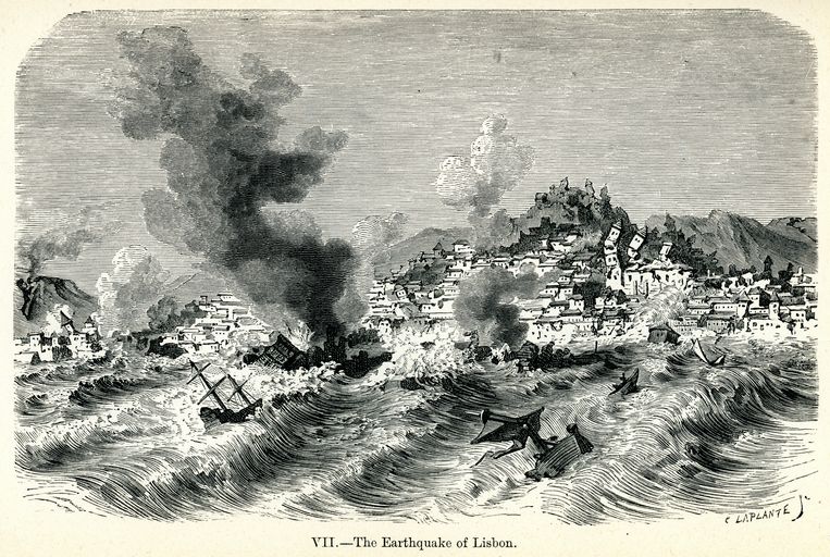 Tekening uit 1883 van de aardbeving in Lissabon in 1755. Beeld Getty