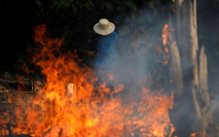 Een man aan het werk in een stuk van het Amazone-regenwoud dat met vuur brand wordt klaargemaakt voor landbouw. Beeld REUTERS