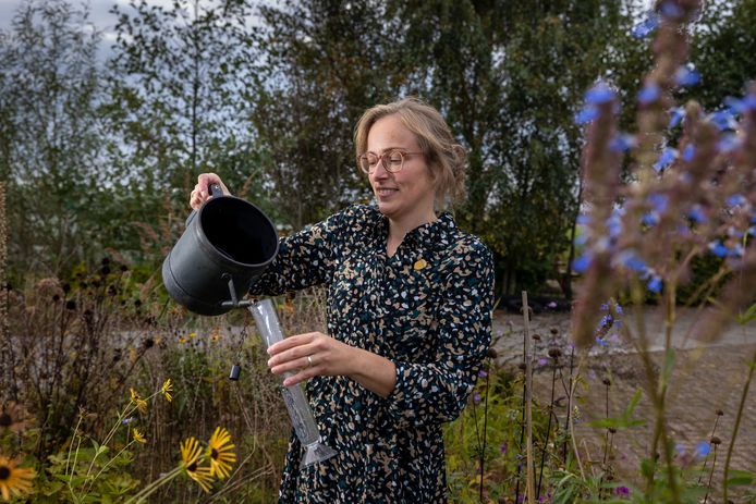 Henriët Dunnink uit Rouveen helpt het KNMI dagelijks met het doorgeven van de stand in de regenmeter die ze in de achtertuin heeft staan.