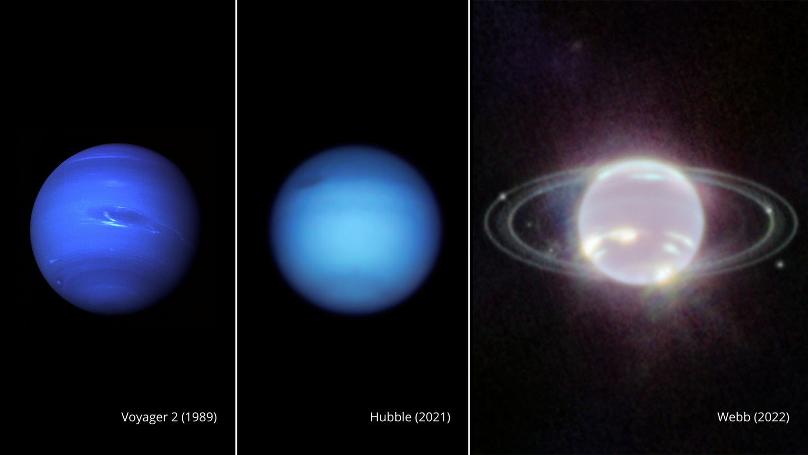 Cette image fournie par la NASA le mercredi 21 septembre 2022 montre trois images côte à côte de Neptune. De gauche à droite, une photo de Neptune prise par Voyager 2 en 1989, par Hubble en 2021 et par Webb en 2022.