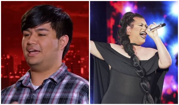 Adam bij zijn deelname aan American Idol in 2013 (links) en nu als Ada Vox (rechts).