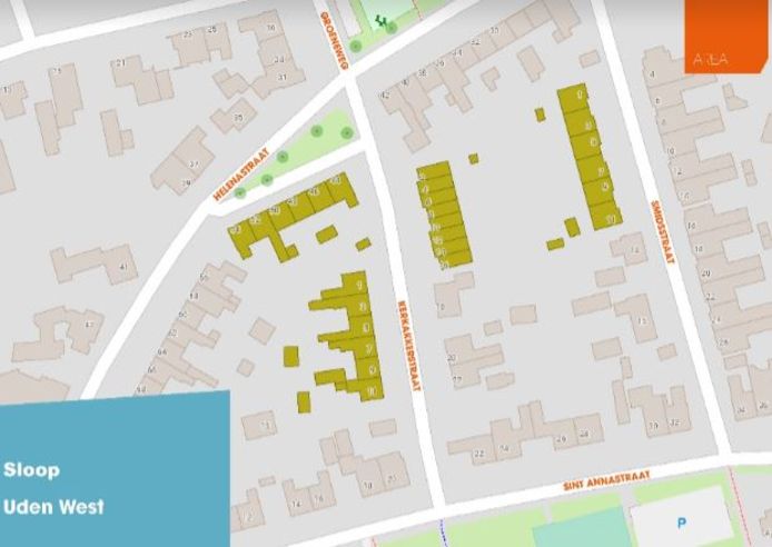 Twee jaar geleden wilde Area in Uden-West nog deze 26 huizen slopen. Twaalf eengezinswoningen op dit kaartje - links aan de Kerkakkerstraat en de Helenastraat - mogen nu toch blijven staan.